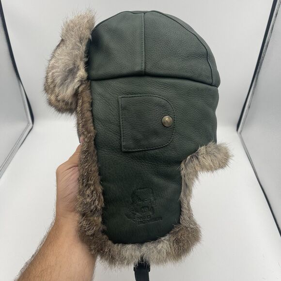 Mad Bomber Hat Large Rabbit Fur Green Leather Trapper Cap Ear Flaps Insulated - Picture 1 of 15